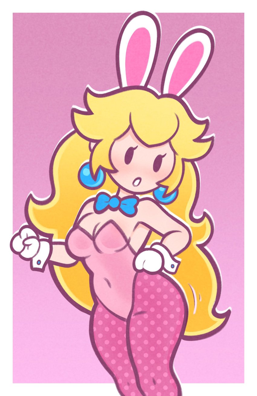 blonde_hair bowtie bunny_ears bunny_girl dot_eyes gloves jewelry long_hair luma_draws paper_mario:_the_thousand-year_door paper_peach pink_background polka_dot princess_peach