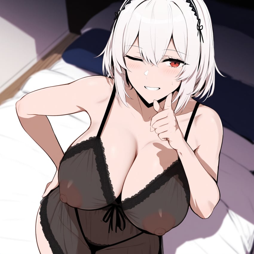 1girls ai_generated areolae ass azur_lane big_breasts female female_focus female_only huge_ass huge_breasts large_breasts looking_at_viewer nipples red_eyes short_hair sirius_(azur_lane) smiling white_hair