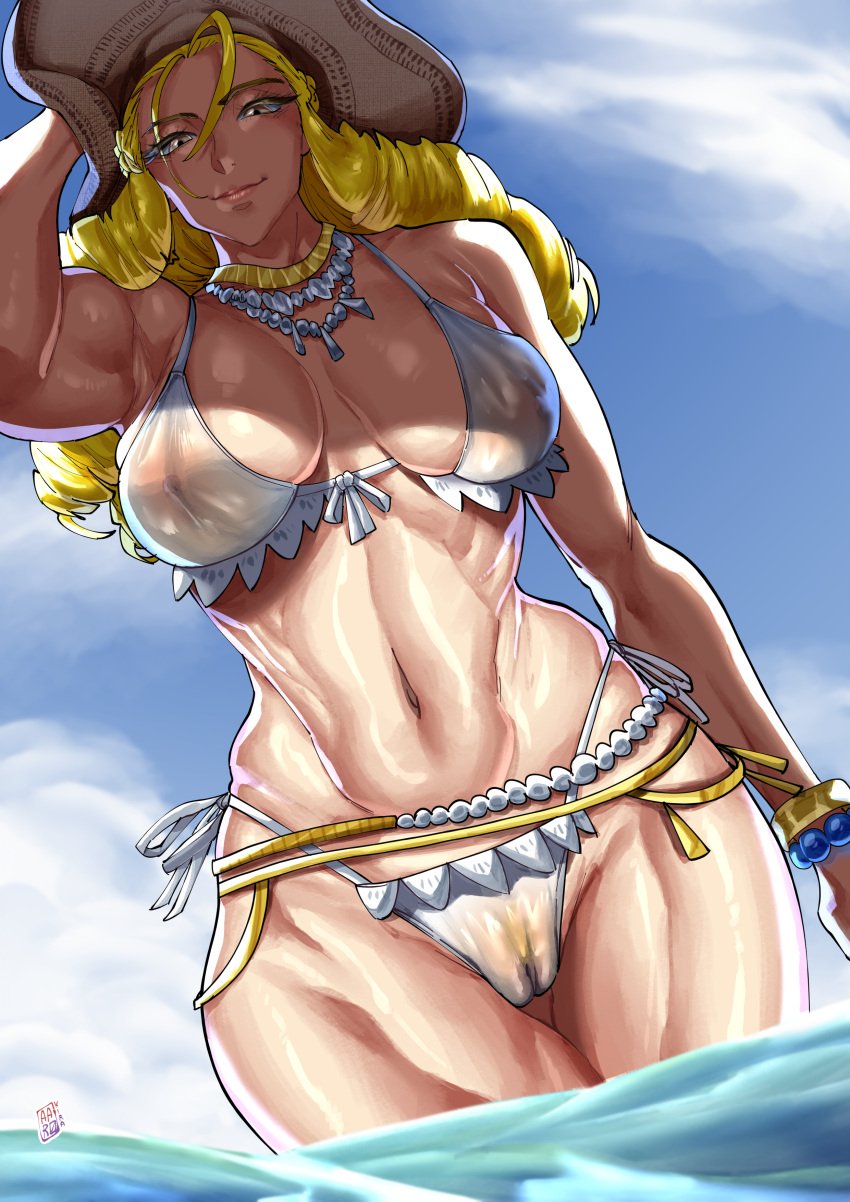 2d aarokira beach bikini blonde_hair busty capcom drill_hair female female_focus female_only hourglass_figure karin_kanzuki see-through street_fighter street_fighter_v tagme wide_hips