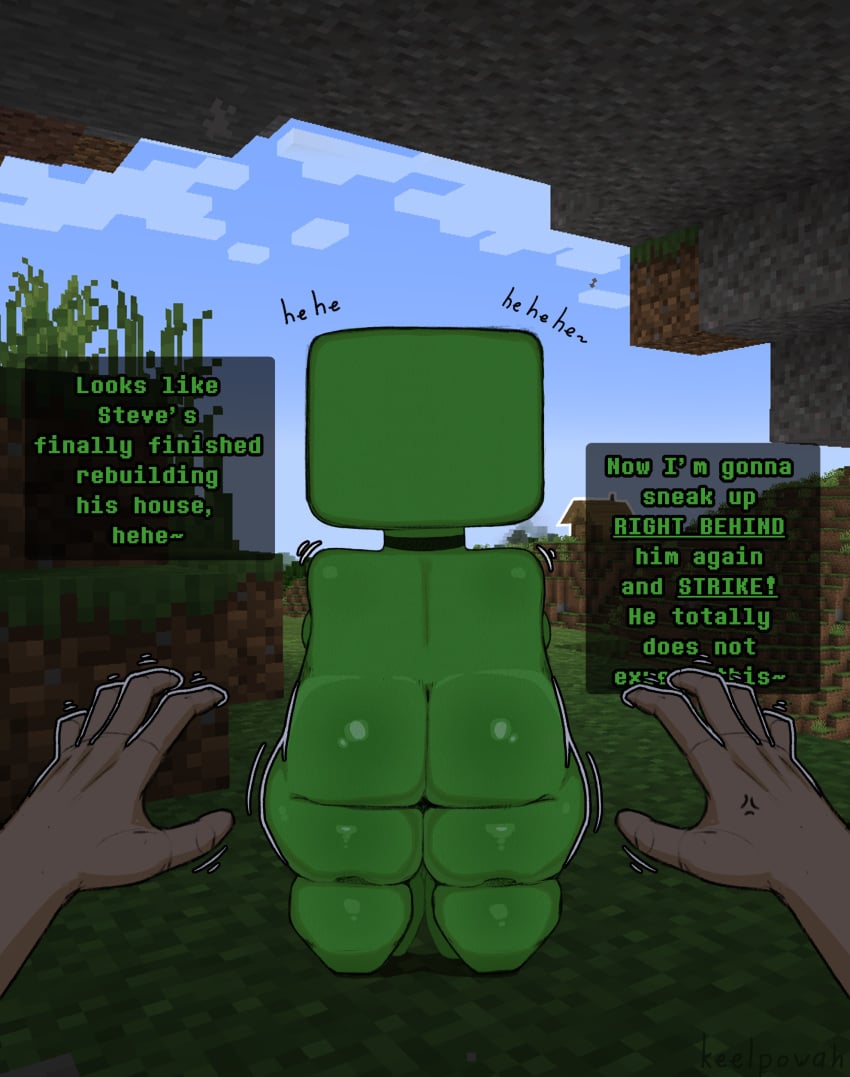 ass back_view bottom_heavy choker creeper disembodied_hand disembodied_hands fat_ass female first_person_view green_body green_skin keelpowah minecraft rear_view shortstack steve_(minecraft) text thick_thighs