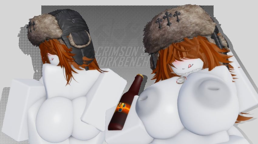 1girls 3d :p areolae ass back big_ass big_breasts black_hat blush bottle breasts completely_nude completely_nude_female crimstuff female female_only grabbing_own_ass hair_covering_eyes hand_on_ass hat holding_bottle holding_object inverted_nipples long_hair looking_at_viewer looking_back necklace nipples nude nude_female orange_hair pentagram_necklace roblox robloxian simple_background smile solo standing thighs tongue tongue_out ushanka watermark white_skin