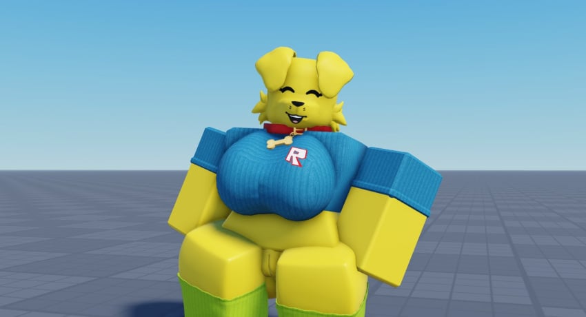 1girls 3d baseplate big_breasts blue_shirt bottomless breasts canine closed_eyes collar crimstuff day dog_ears dog_girl furry green_thighhighs midriff no_pants pussy roblox robloxian smile standing stomach t-shirt thighhighs thighs woofette yellow_skin