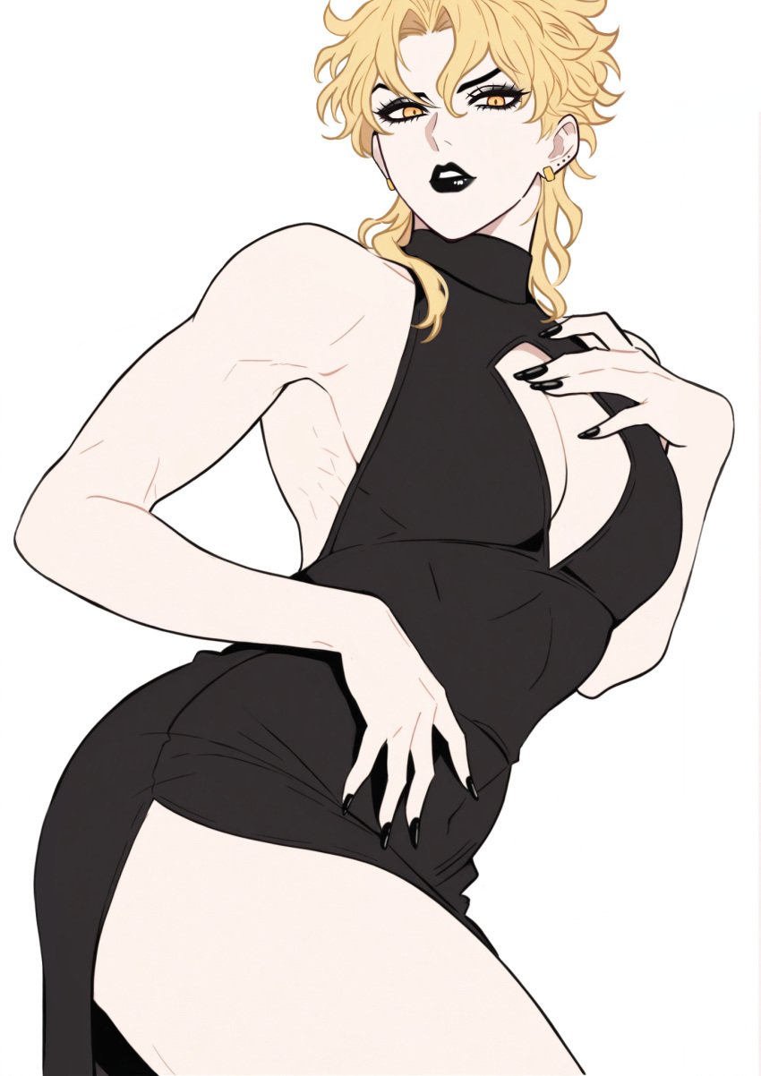 ambush_(trap) androgynous black_dress black_lipstick blonde_hair crossdressing dio_brando effeminate feminine_male jojo's_bizarre_adventure lipstick long_hair makeup stardust_crusaders vampire yellow_eyes