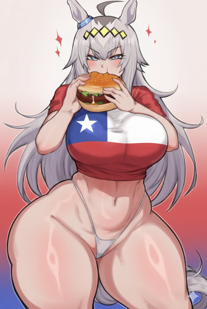 ai ai_generated belly big_breasts chilean_flag curvy_female eating_burger horse_ears horse_tail long_hair midriff oguri_cap_(umamusume) panties rayasox shirt_and_panties silver_hair thick_thighs tummy umamusume umamusume_pretty_derby wide_hips