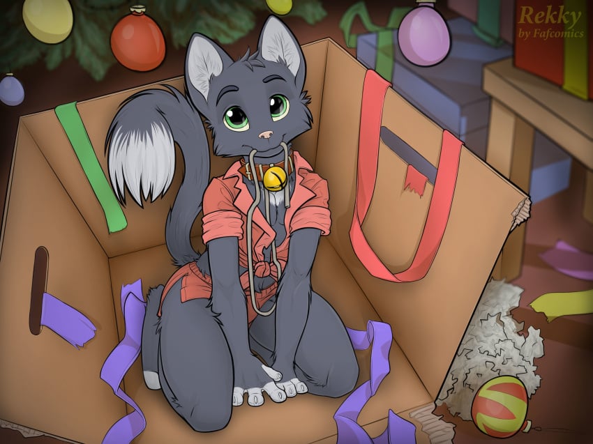 2014 absurd_res anthro bell box christmas claws clothed clothing collar cute egg faf feline feline fur gift green_eyes grey_fur hi_res holidays kneeling looking_at_viewer looking_up male mammal rekky rektum skimpy solo white_fur