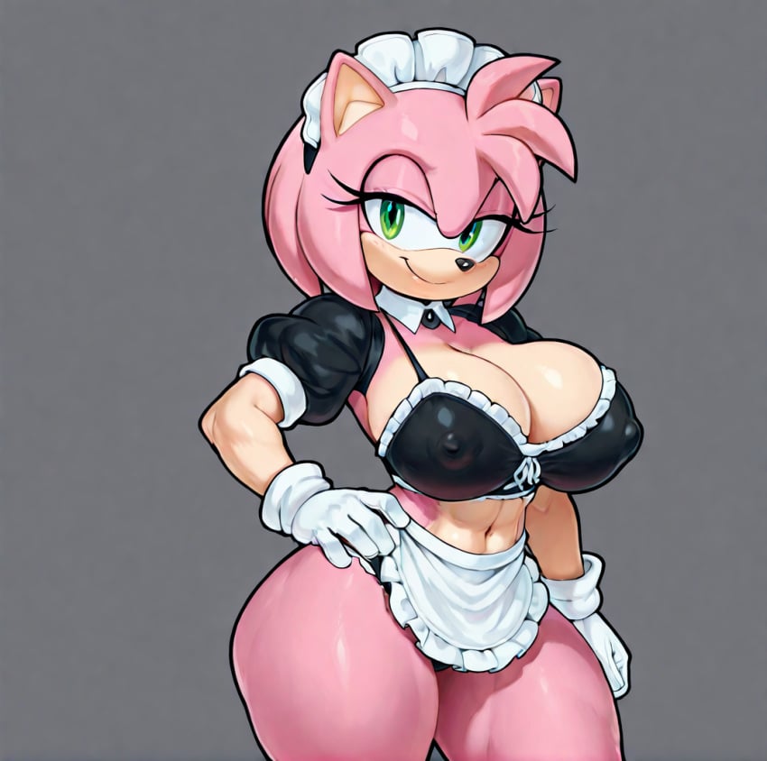 1girls ai_generated amy_rose cleavage furry furry_female green_eyes hand_on_hip large_breasts looking_at_viewer maid maid_apron maid_outfit maid_uniform midriff mobian_(species) pink_fur pink_hair sonic_(series) sonic_the_hedgehog_(series) stable_diffusion waist_apron