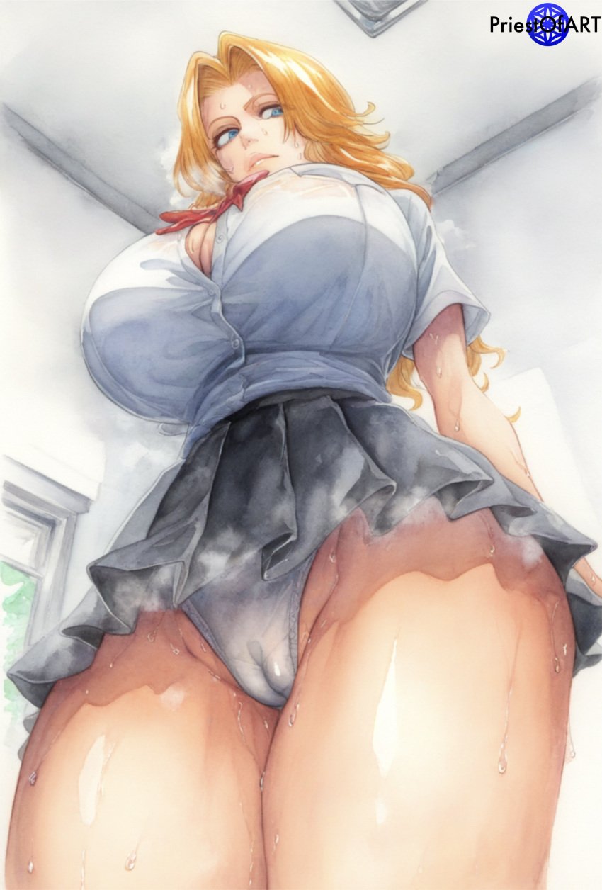 1girls ai_generated areola big_breasts bleach blue_eyes busty cameltoe classroom color curvy curvy_body curvy_female curvy_figure female female_focus female_only from_below huge_breasts large_breasts long_hair matsumoto_rangiku orange_hair panties priestofart school_uniform schoolgirl skirt solo solo_female solo_focus steaming_body sweat tagme tagme_(artist) tagme_(character) thick_thighs upskirt white_panties wide_hips