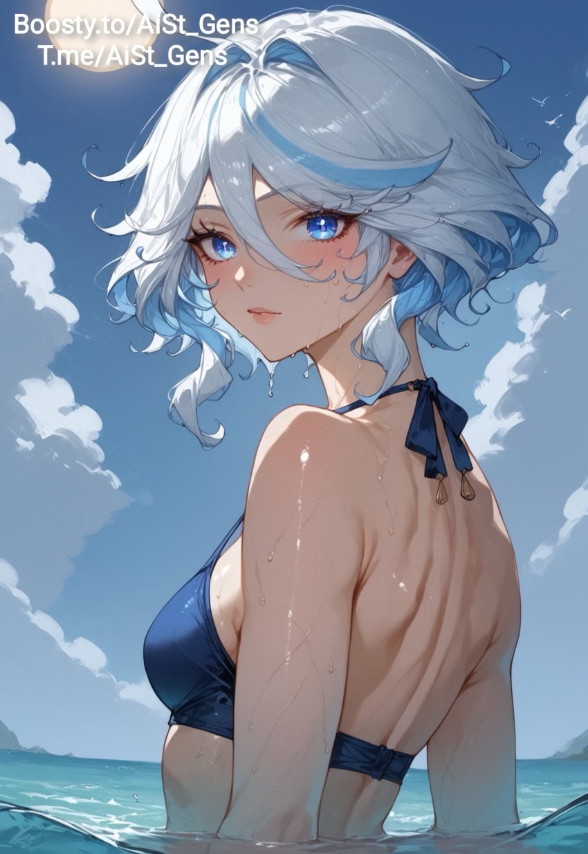 ai_generated aist_ beetch bikini blue_bikini blue_eyes blue_hair furina_(genshin_impact) genshin_impact shiny_skin sweat wet