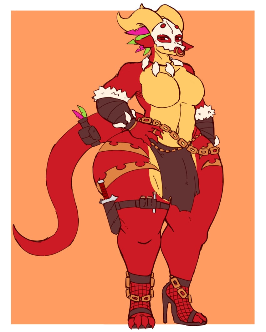 anthro dagger dragon eliwoodren femboy gay girly high_heels horns kobold loincloth male male_only nose_ring red_scales red_skin scalie tail thick_thighs xol_(sh1_v4__k)