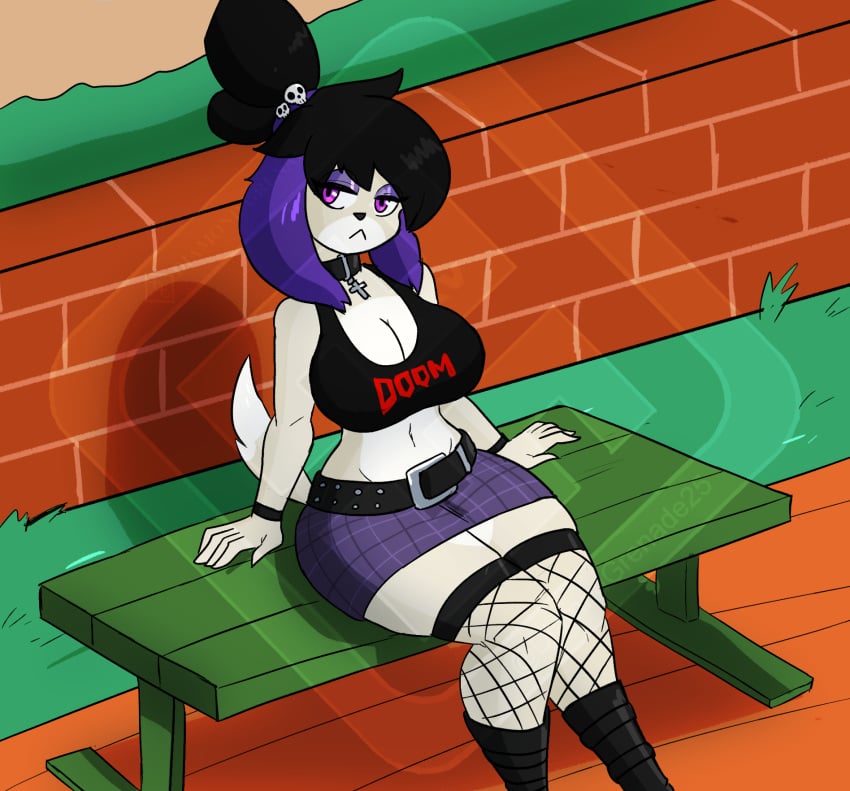 alternative_fashion animal_crossing anthro bench big_breasts breasts canid canine canis clothed clothing diamond_grenadier domestic_dog emotionless female goth gothabelle hi_res isabelle_(animal_crossing) mammal nintendo sitting skimpy solo