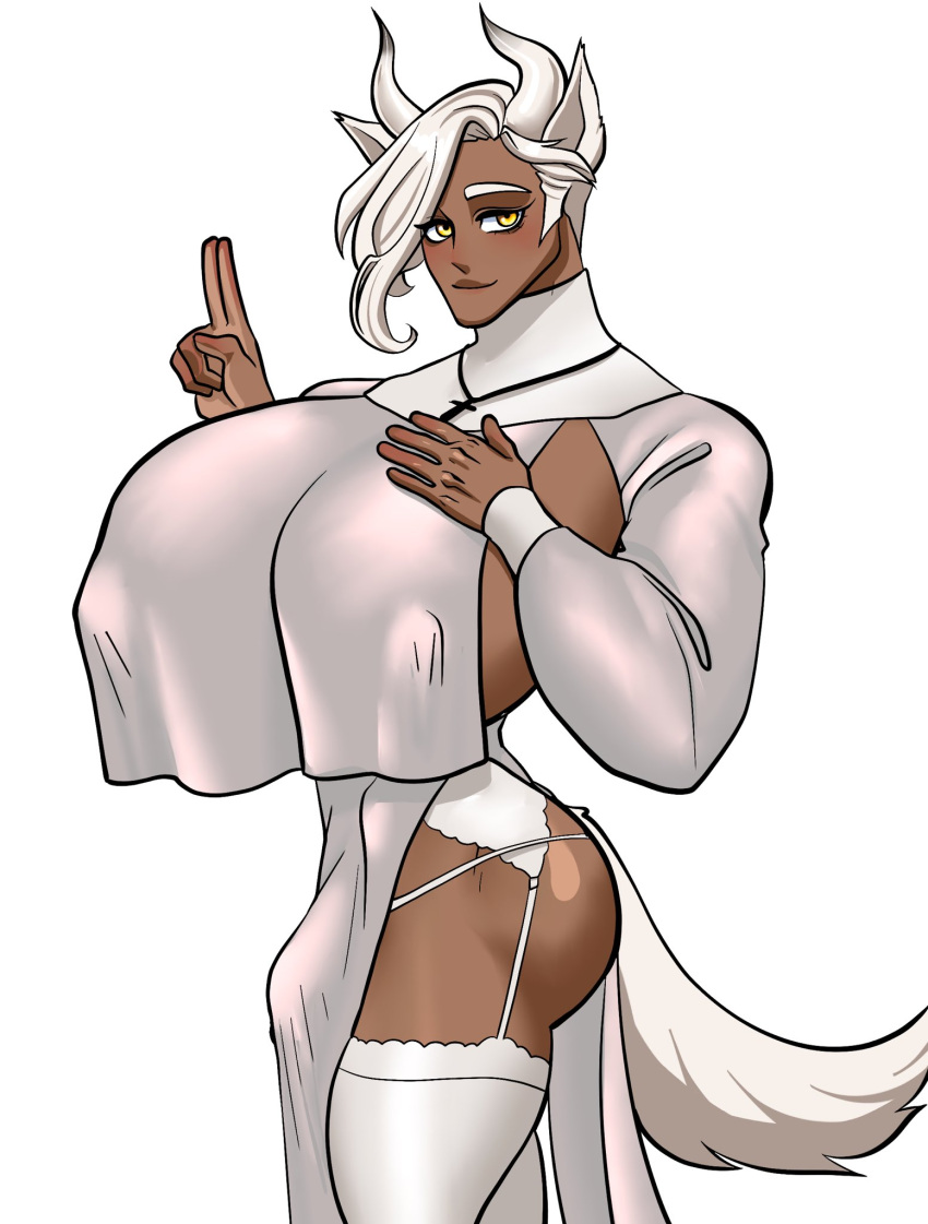 1boy breasts_bigger_than_head bulge busty_boy bustykaito cleric dark-skinned_male fox_tail garter_straps horns huge_breasts large_penis loose_clothes male male_only nipple_bulge penis solo tagme twink white_hair