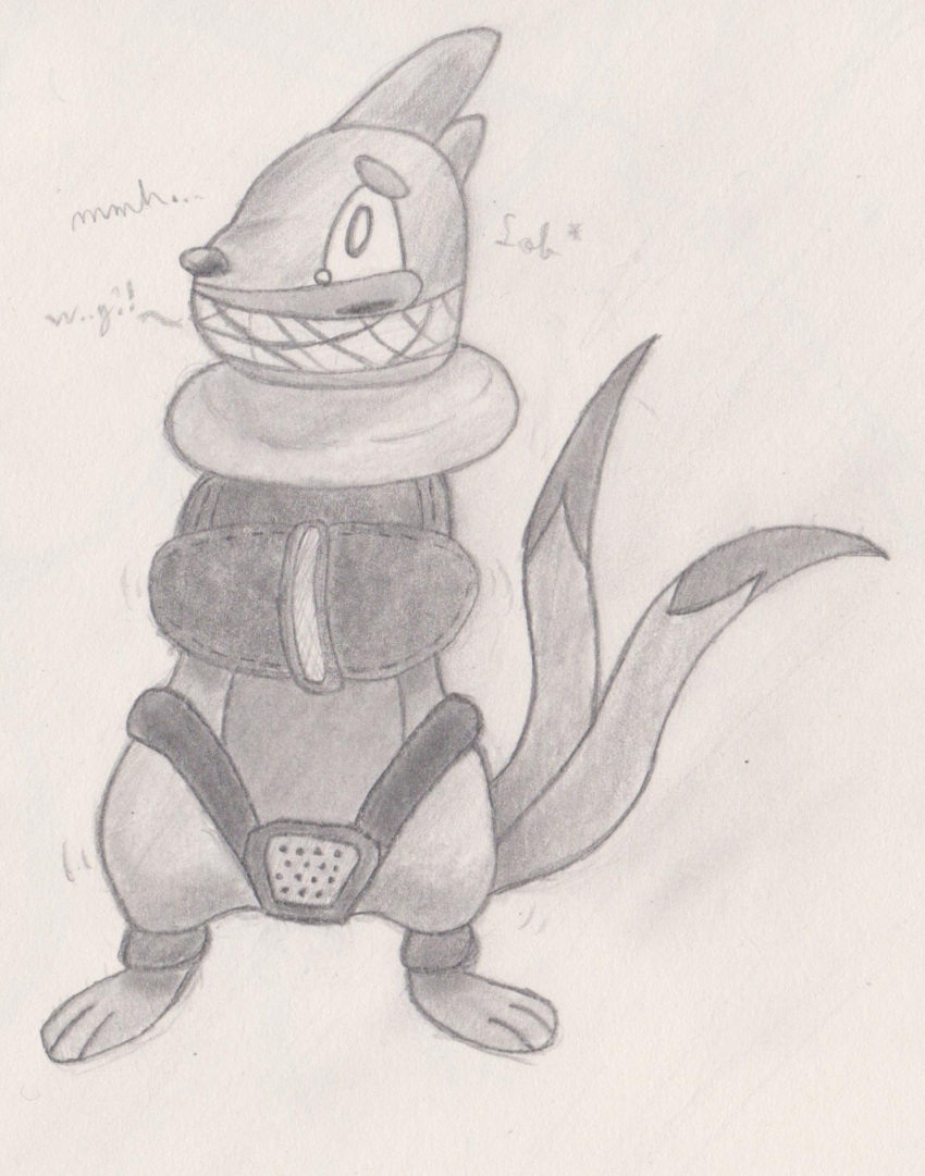 2_tails another_alt anthro bodily_fluids bondage buizel chastity_device feet gag generation_4_pokemon graphite_(artwork) greyscale hi_res male mammal monochrome multi_tail nintendo onomatopoeia pokemon pokemon_(species) restraints simple_background solo solo_focus sound_effects straitjacket tail tears text traditional_media_(artwork) worried