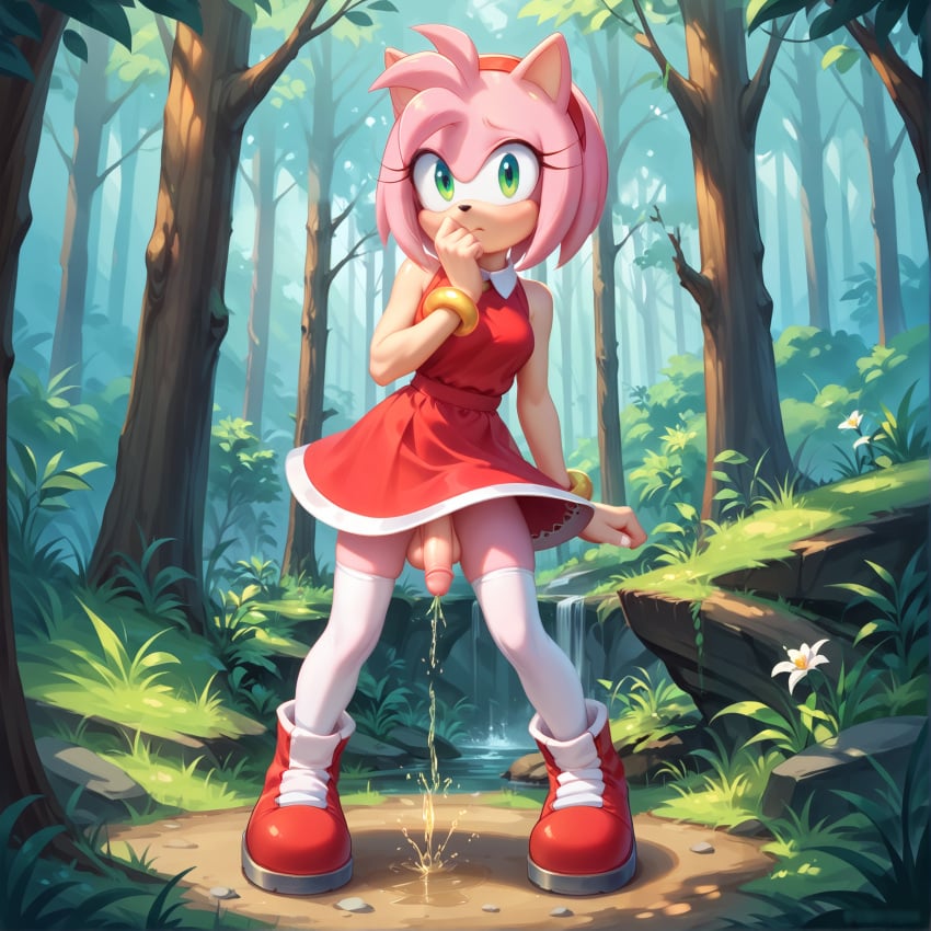 ai_assisted ai_generated amy_rose balls bracelets forest furry futa_only futanari green_eyes hairband hanging_penis limp_penis peeing peeing_on_ground pink_hair red_shoes shy sonic_(series) sonic_the_hedgehog_(series) watersports