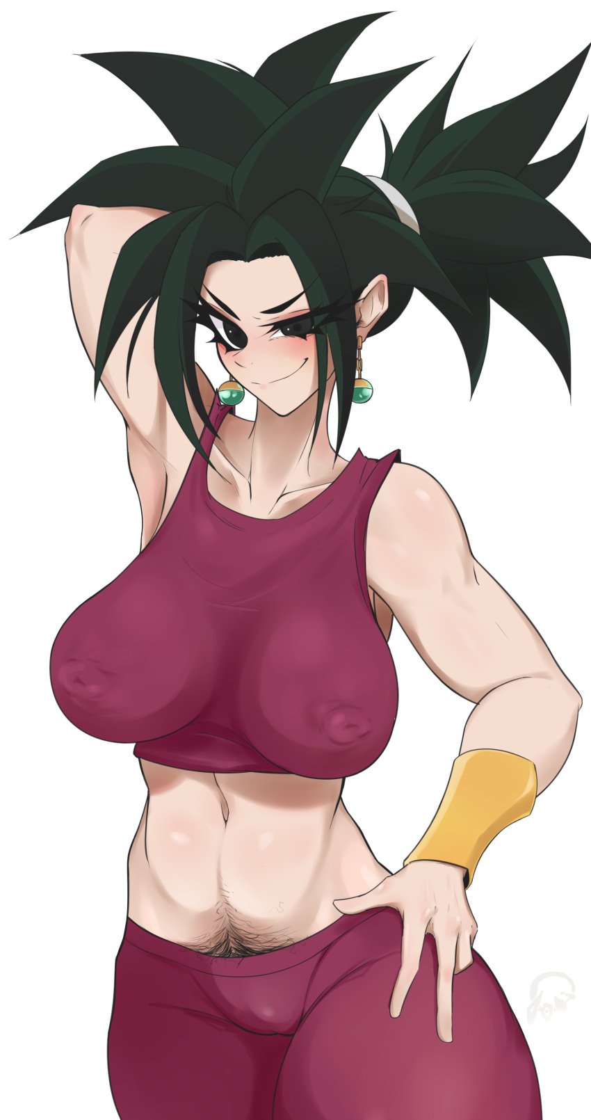 armpits big_ass big_breasts black_eyes caulifla curvy dark_hair dragon_ball dragon_ball_super fat_ass female female_only fusion hairy hips kale kefla looking_at_viewer muscular ponytail potara_earrings pubic_hair smug super_saiyan thick_thighs thighs thight_clothing wide_hips