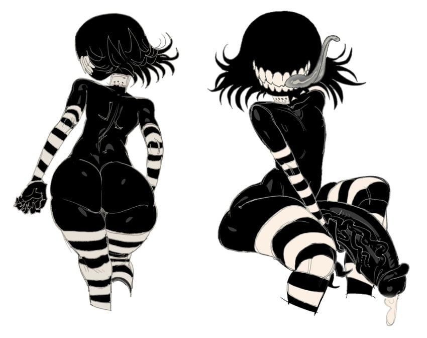 1boy big_ass big_penis black_body black_hair fat_ass hyper_penis leaking_precum long_tongue no_eyes shiny_skin short_hair striped_legwear striped_thighhighs teeth