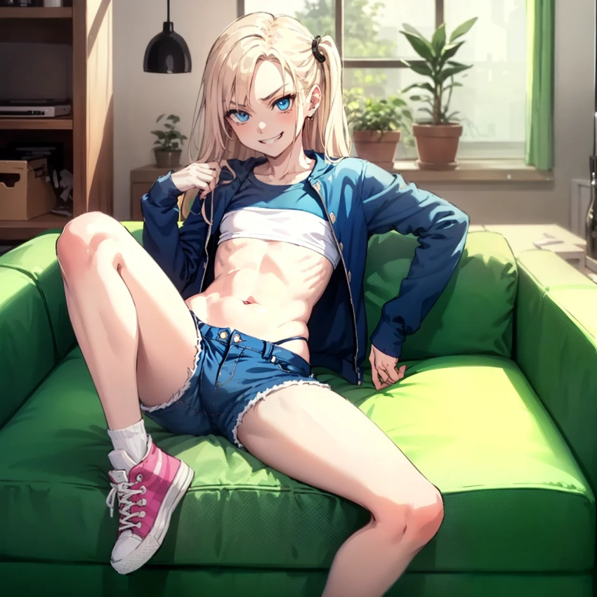 1boy 1femboy ai_generated blonde_hair blue_eyes converse_shoes crossdressing crossdressing_male enjuuji evil_grin evil_smile femboy feminine_male ferdinando_agnello green_sofa jean_jacket jean_shorts looking_at_viewer malicious_smile navel open_jacket open_legs pale-skinned_femboy pale-skinned_male pink_sneakers plant shelf short_shorts smiling_at_viewer sofa sunlight window young