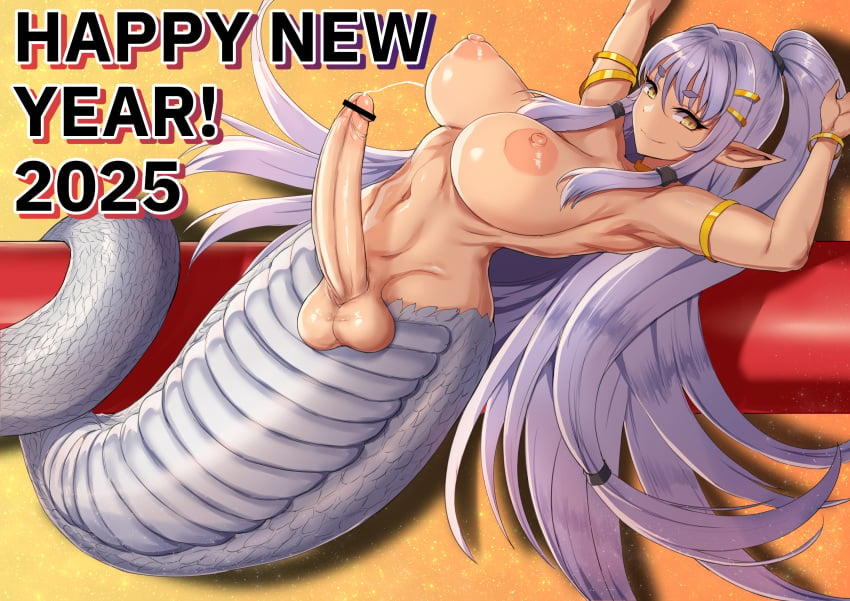 1futa 1futanari 2025 armlet bracelet breasts chinese_zodiac cleavage closed_mouth commentary_request completely_nude futa_only futanari hair_between_eyes hair_ornament hairclip happy_new_year highres jewelry lamia large_breasts long_hair looking_at_viewer monster_girl navel nipples nude original pointy_ears shadow sideboob simple_background smile snake snake_girl solo stomach tan ubanis underboob upside-down very_long_hair white_hair year_of_the_snake yellow_background yellow_eyes