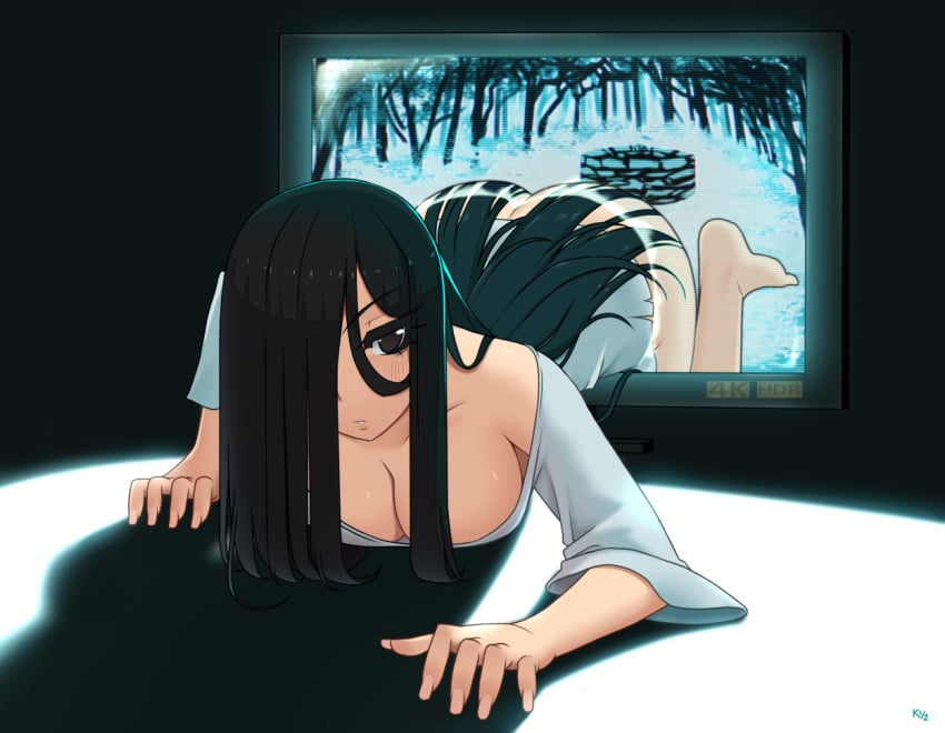 ass barefoot black_eyes black_hair blush bottomless breasts busty cleavage clothing crawling dress female hair_over_one_eye kuroonehalf long_hair looking_at_viewer off_shoulder solo television the_ring top-down_bottom-up white_dress yamamura_sadako