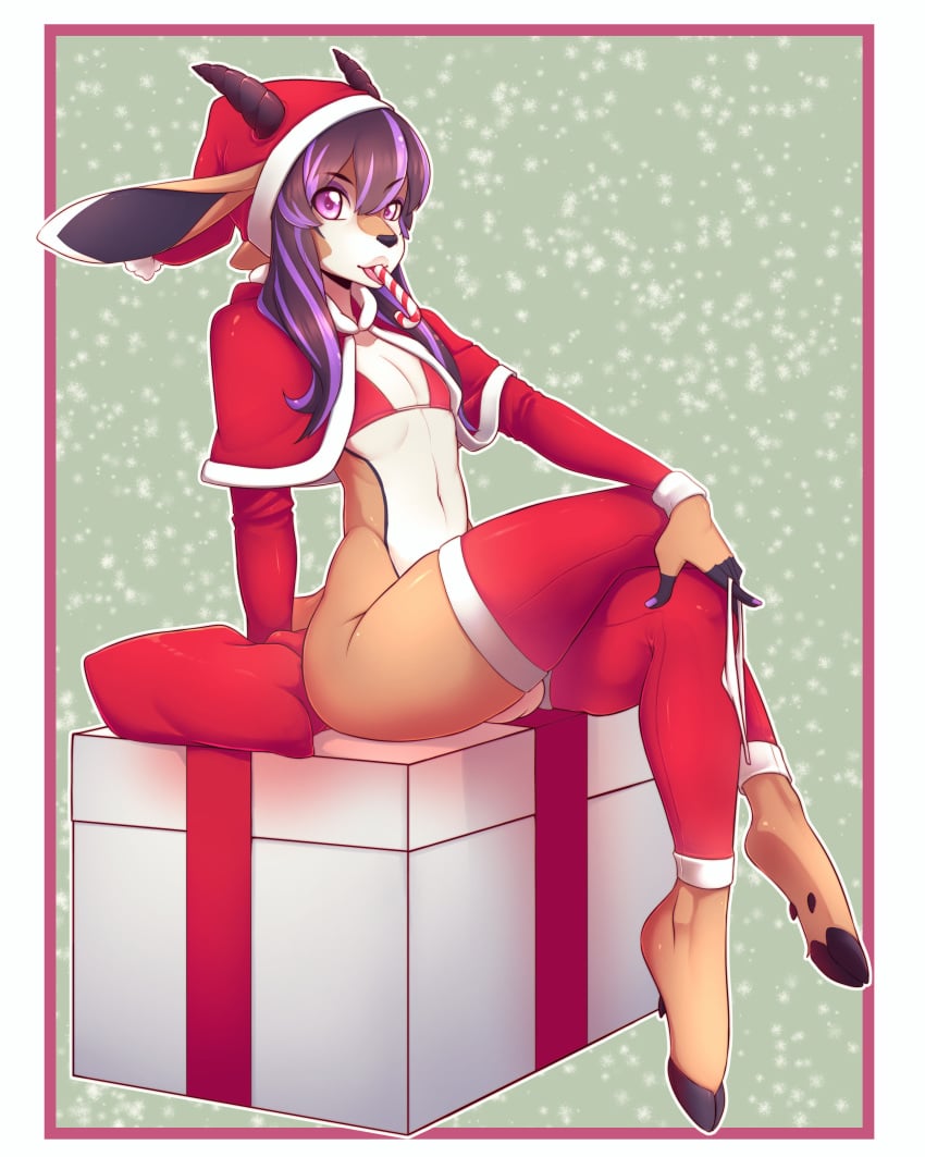 <3_eyes 5_fingers antelope anthro armwear balls barefoot bikini black_nose bottomless brown_hair candy candy_cane candy_cane_in_mouth christmas clothed clothing cloven_hooves colored_nails crossed_legs eyeshadow fingerless_(marking) flat_chested food full_portrait fur fur_trim furgonomics gazelle geo geo_(geo) gift girly hair hat heart highlights holding_clothing holding_object holding_underwear holidays hooves horn legwear long_ears long_hair looking_aside looking_at_viewer makeup male_only mammal mouth_hold multicolored_fur outline panties purple_eyes purple_hair purple_highlights purple_nails red_clothing red_legwear red_topwear santa_hat sitting solo stockings suelix swimsuit tan_fur trap two_tone_fur underwear white_clothing white_fur white_underwear