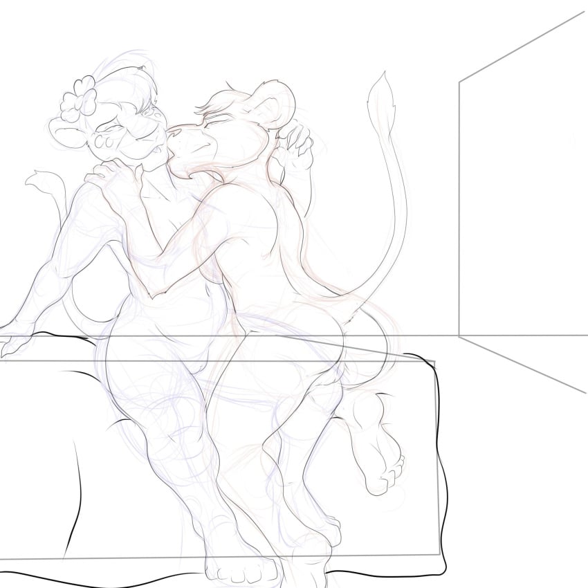 anthro ass bahati_whiteclaw bedroom breasts cuddling disney duo exwolf85 female flower fringe hair_flower happy kissing love nude plant pussy raised_tail romantic_couple sketch tail_tuft the_lion_king tuft underboob vitani yuri