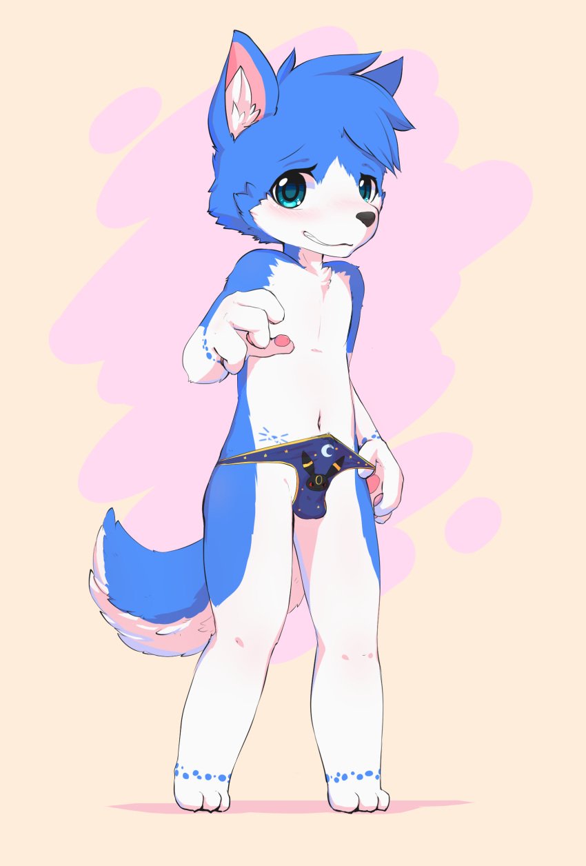 4_fingers anthro black_nose blue_eyes blue_fur blush briefs bulge canine clothing fur inner_ear_fluff male male_only mammal navel nobusuke precum solo standing submissive underwear white_fur winterwolfy wolf young