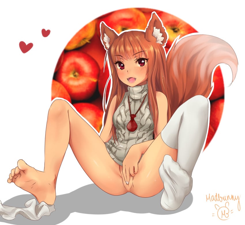 1girls absurdres animal_ears apple bare_shoulders barefoot blush brown_hair clothed_masturbation clothing cute_fang erect_nipples fangs feet female fingering food fringe fruit hair_over_breasts highres holo jewelry long_hair looking_at_viewer madbunny masturbation meme_attire necklace no_panties no_shoes nude one_bare_foot pussy red_eyes red_hair single_sock sleeveless smile socks socks_removed soles solo spice_and_wolf stockings sweater tail thigh_socks thighhighs toes tongue virgin_killer_outfit virgin_killer_sweater white_legwear white_socks wolf_ears wolf_tail