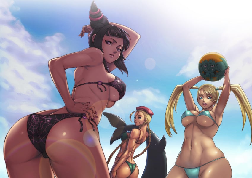 3girls animal armpits arms_up asian ass ball beach_ball beret bikini black_hair blanka blonde_hair blue_eyes braid breasts brown_hair cameltoe cammy_white capcom cleavage clouds cowboy_shot curvy dat_ass dolphin drill_hair female female_only from_behind hand_on_hip hat highres huge_ass juri_han large_breasts lens_flare long_fingernails long_hair looking_at_viewer looking_back multiple_girls nail_polish navel nipple_bulge nipples open_mouth purple_eyes purple_nails rainbow_mika scar sethxzoe shiny_skin side-tie_bikini sideboob skindentation sky smile spider_web_print standing street_fighter street_fighter_v string_bikini sunlight super_street_fighter_iv swimsuit thick_thighs tied_hair toned twin_braids twin_drills twintails underboob very_long_hair water wide_hips