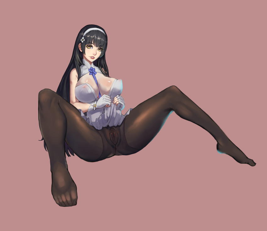 ass black_hair breasts censored feet female fingerless_gloves girls'_frontline hairband jin_yi_dui large_breasts lips long_hair looking_at_viewer no_bra no_panties no_shoes no_underwear pantyhose pussy see-through skirt spread_legs thighs toes type_95_(girls'_frontline) yellow_eyes