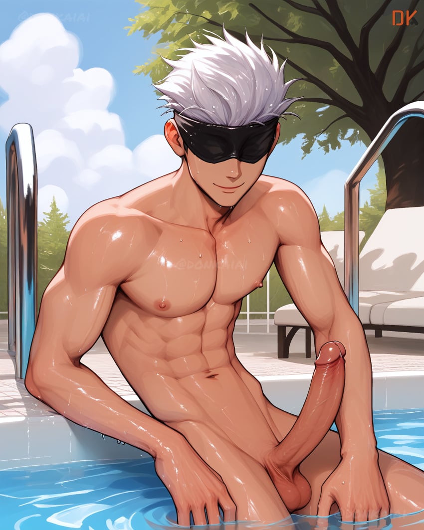 1boy abs ai_generated balls black_blindfold blindfold covered_eyes day erection gojou_satoru male_focus muscular muscular_male navel nipples nude outdoors pectorals penis pool pool_ladder shiny_skin short_hair sky smile solo uncensored water wet white_hair