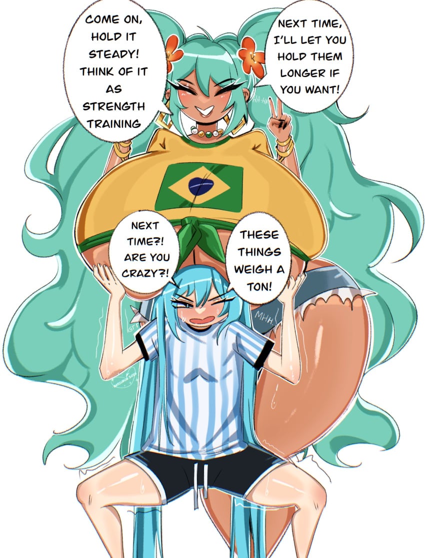 2girls argentinian_miku ass batcubus big_ass big_breasts big_thighs blush brazilian_female brazilian_miku breasts breasts_comparison butt cute cyan_eyes cyan_hair dialogue female female_focus female_only fingering fingering_partner gigantic_ass gigantic_breasts gigantic_thighs hatsune_miku huge_ass huge_breasts huge_thighs hyper hyper_ass hyper_breasts size_difference sweat sweatdrop sweating tagme tan_body tan_skin tanned tanned_girl text thick_hips thick_thighs thighs twintails vocaloid voluptuous voluptuous_female yuri