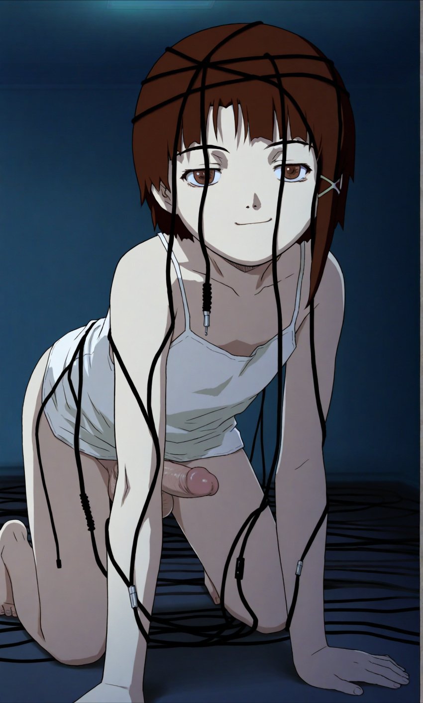 ai_generated all_fours brown_eyes brown_hair cable camisole erection futa_only futanari hairclip lain_iwakura large_penis looking_at_viewer no_underwear penis serial_experiments_lain smile smug smug_face smug_smile solo solo_focus solo_futa testicles white_camisole