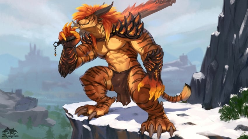 2025 4_horns anthro armor biped bottomwear brown_body brown_fur bulge charr claws clothing detailed_background digital_media_(artwork) digitigrade felid finger_claws fur gauntlets gloves guild_wars hair handwear holding_melee_weapon holding_object holding_sword holding_weapon horn loincloth looking_at_viewer male male_anthro mammal melee_weapon multi_horn orange_hair outside pauldron paws smile smiling_at_viewer solo striped_body striped_fur stripes sword tail tail_tuft tan_body tan_fur toe_claws tuft unconvincing_armor weapon zephyxus