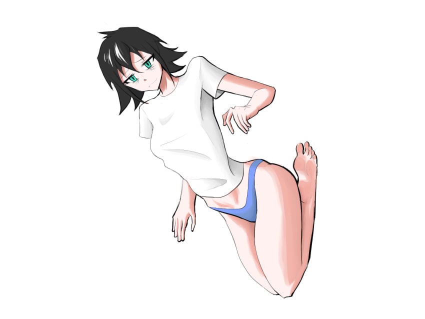 cobblestun feet femcel fujii_yuuki green_eyes legs_together medium_breasts shirt short_hair t-shirt thick_thighs thong