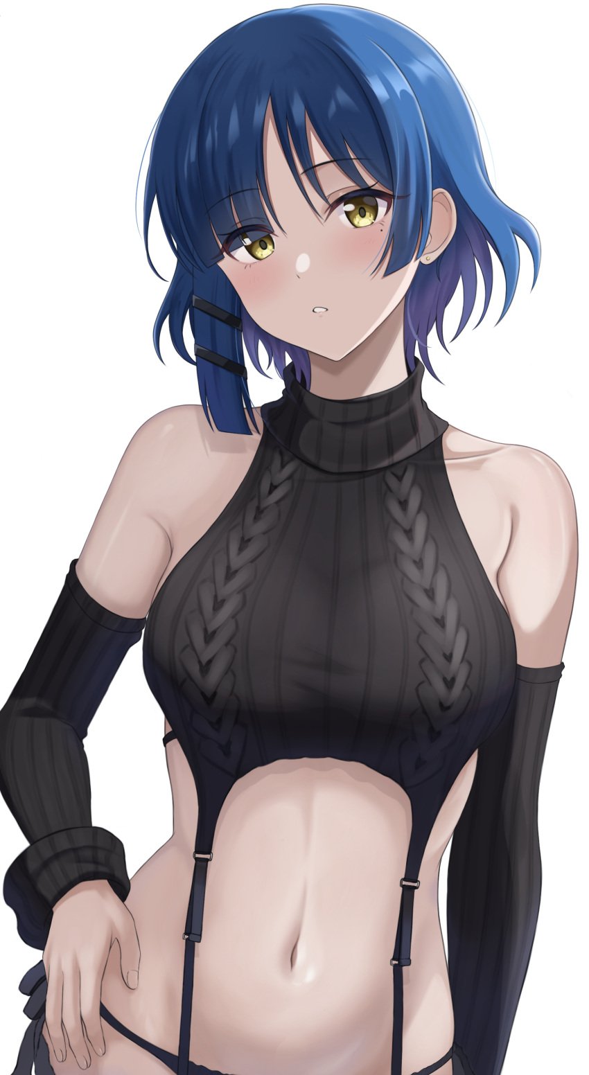 absurdres bare_shoulders blue_eyebrows blue_hair blue_hair_female blush blush_face blushed_face blushing_at_viewer blushing_face blushing_female bocchi_the_rock! breasts busty busty_female busty_girl busty_teen detached_sleeves female hair_clip hair_clips hair_ornament hairclip hairclips hand_on_hip hand_on_own_hip hand_on_own_waist hand_on_waist head_tilt high_school_student highres looking_at_viewer makise_(mix020511) medium_breasts meme_attire mole mole_under_eye navel panties parted_lips ribbed_sweater school_girl short_hair simple_background sleeveless sleeveless_turtleneck solo stomach sweater teen_girl teenage_girl teenager tilted_head turtleneck turtleneck_sweater underwear virgin_destroyer_sweater white_background yamada_ryou yellow_eyes yellow_eyes_female