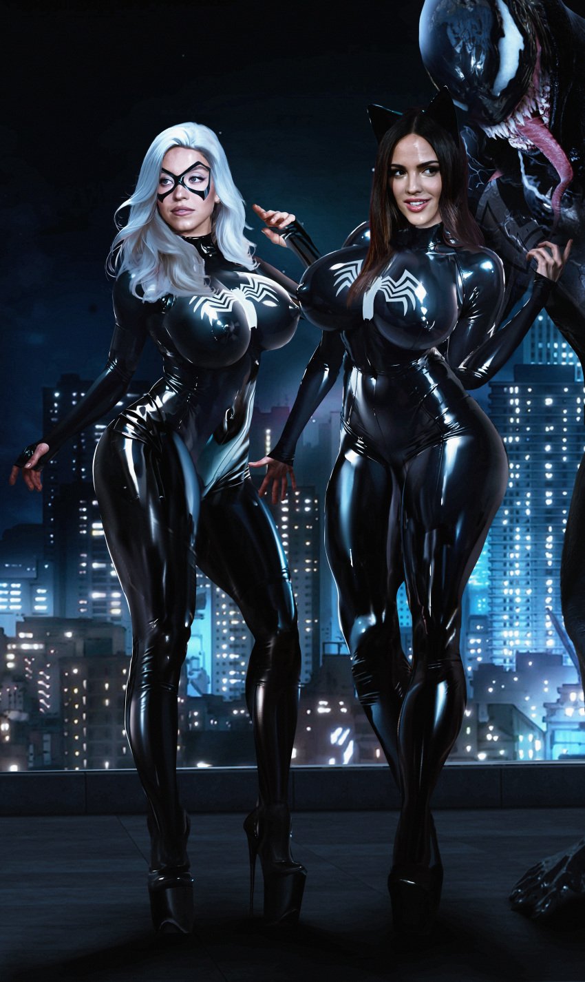 ai_generated big_breasts black_cat_(cosplay) bodysuit cat_ears leather leather_clothing negisaray night night_sky sydney_sweeney symbiote thick_ass thick_thighs venom_(marvel) white_hair