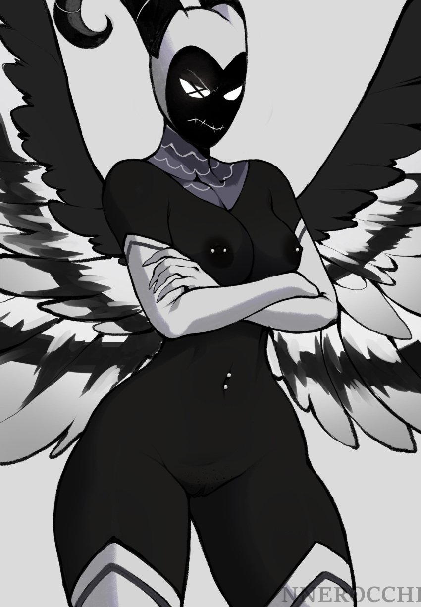 absurd_res angel angel_humanoid armwear big_breasts black_body black_skin breasts claws clothed clothing colored_skin dark_nipples elbow_gloves empty_eyes english_text exorcist_(hazbin_hotel) feathered_wings feathers female genitals gloves grey_wings handwear hazbin_hotel hi_res horn humanoid legwear lute_(hazbin_hotel) navel navel_piercing nipple_piercing nipples nnerocchi nude partially_clothed piercing portrait pubes pubic_stubble pussy simple_background solo text thick_thighs thigh_highs third-party_edit three-quarter_portrait wings x_eye