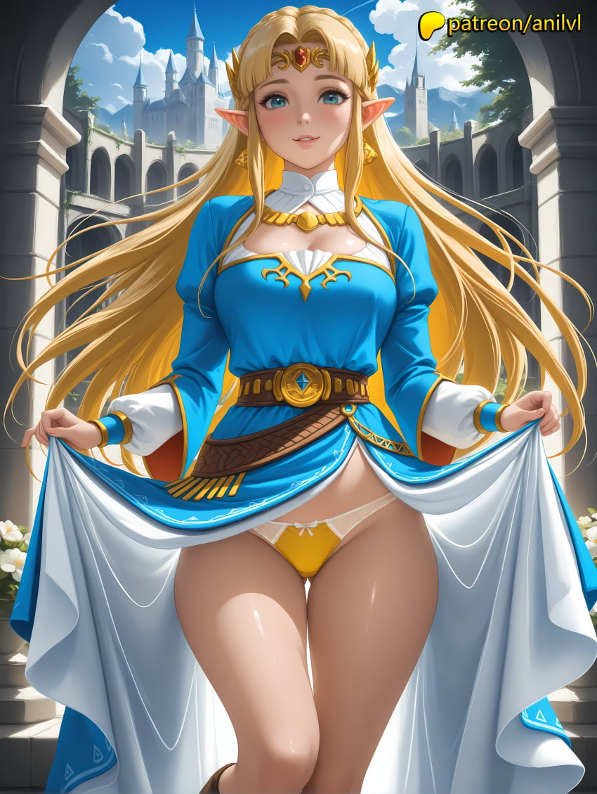 1girls 2024 ai ai_assisted ai_generated anilvl anime anime_girl anime_style artist_name blonde_hair blue_eyes blue_sky breast breasts breasts breasts breath_of_the_wild building bust castle chest clothes_lift cloud cloudy_sky curtsey day dress dress_lift earrings female flashing hi_res high_quality high_resolution highres jewelry lifted_by_self long_hair looking_at_viewer outdoors panties patreon patreon_username pointy_ears princess_zelda skirt_basket skirt_hold skirt_lift sky smile solo stable_diffusion tears_of_the_kingdom the_legend_of_zelda thigh_gap underwear watermark zelda_(breath_of_the_wild)