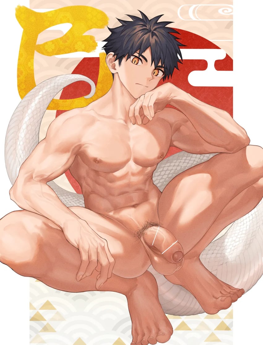 1boy abs ass_visible_through_thighs balls biceps big_areola big_balls big_eyes black_hair censor_bar censored censored_penis collarbone complete completely_nude crouching erect_nipples eyelashes feet flaccid foreskin gay hand_on_chin hi_res humanoid kanji looking_at_viewer looking_down male male_only manly mature_male muscles muscular muscular_arms muscular_legs muscular_male muscular_thighs navel nayoshi_(r-744) neutral_expression orange_eyes original original_character pecs penis pointless_censoring pointy_chin pubic_hair scales shadow short_hair six_pack slit_pupils snake_humanoid snake_tail solo spread_legs squatting toes uncut veiny_arms veiny_belly white_border yaoi year_of_the_snake young