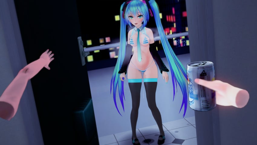 1boy1girl 3d_(artwork) aqua_hair aqua_nails arm_sleeves beer_can bikini bikini_aside bikini_bottom bikini_top black_arm_sleeves black_boots black_stockings breasts breath_cloud collar cyan_hair dripping_pussy drooling gradient_hair green_eyes hatsune_miku hatsune_miku_(collared_bikini) kksallyear koikatsu large_breasts light-skinned_female light-skinned_male long_hair looking_at_viewer looking_at_you necktie night open_mouth open_smile pov pov_eye_contact ready_for_sex ready_to_fuck ready_to_pop smiling smiling_at_viewer standing standing_in_doorway stockings striped_bikini striped_bikini_bottom striped_bikini_top sweat tagme thick_thighs tied_bikini twintails very_long_hair vocaloid