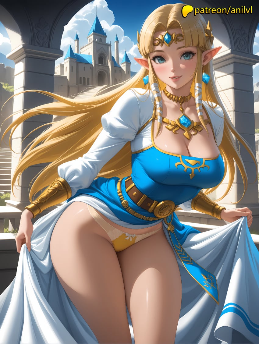 1girls 2024 ai ai_assisted ai_generated anilvl anime anime_girl anime_style artist_name belt big_breasts big_breasts big_breasts big_chest blonde_hair blue_eyes blush breast breasts breasts breasts breath_of_the_wild building bust busty castle chest circlet cleavage clothes_lift curtsey day dress dress_lift earrings elf female hi_res high_quality high_resolution highres jewelry large_breasts lifted_by_self long_hair looking_at_viewer necklace panties patreon patreon_username pointy_ears princess_zelda sidelocks skirt_hold skirt_lift smile solo stable_diffusion tears_of_the_kingdom the_legend_of_zelda thighs underwear watermark white_dress yellow_dress yellow_panties zelda_(breath_of_the_wild)