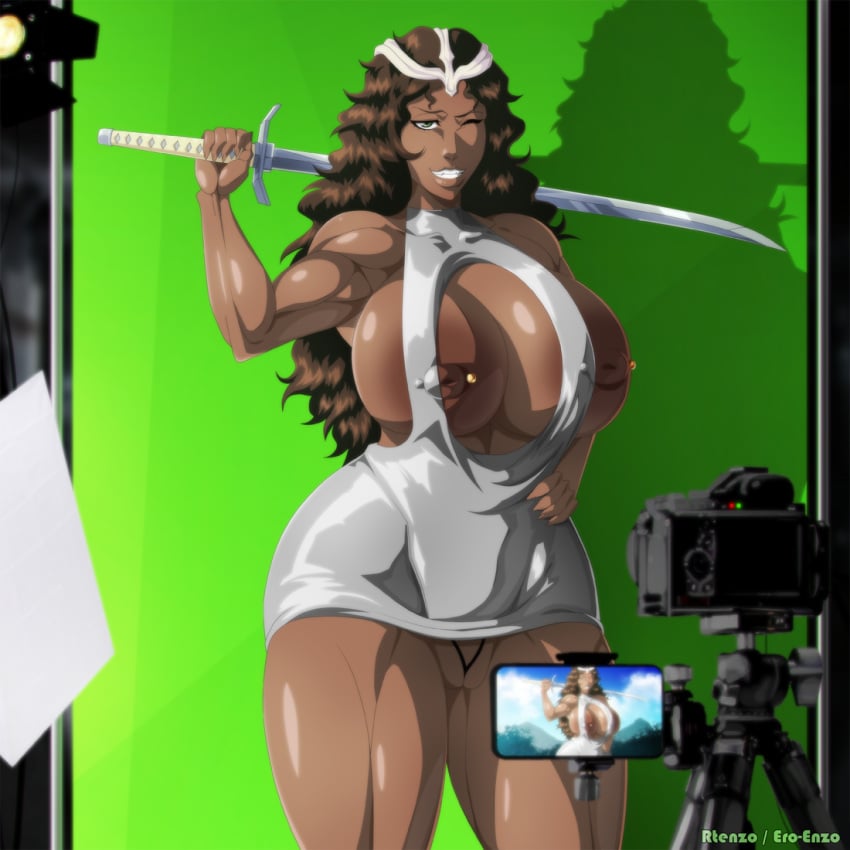 biceps big_breasts bleach bleach:_the_thousand-year_blood_war dark-skinned_female dress ero-enzo mila_rose muscular_female nipple_slip photo_shoot rtenzo strong_woman thick_ass thick_thighs