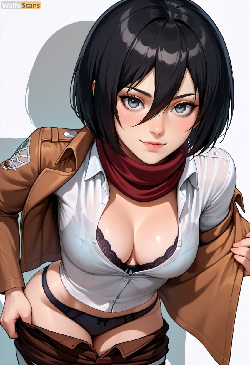 ai_generated artist_name attack_on_titan black_bra black_hair black_panties blush bra breasts brown_jacket cleavage closed_mouth clothes_pull emblem female grey_eyes hair_between_eyes high_resolution highres jacket lips long_sleeves looking_at_viewer medium_breasts mikasa_ackerman open_clothes panties pants paradis_military_uniform red_scarf scarf see-through shiny shiny_skin shirt short_hair smile solo stable_diffusion survey_corps_(emblem) underwear undressing waifuscans418 white_shirt