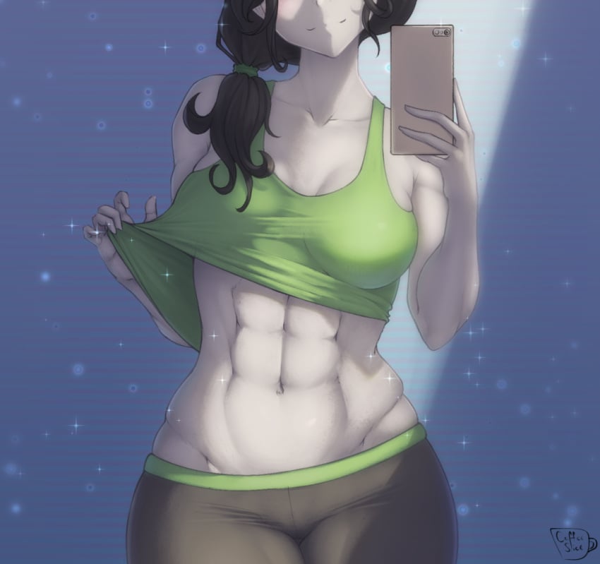 1girls abs black_hair blush coffeeslice eyes_out_of_frame grey_skin holding_phone messy_hair selfie shirt_lift wii_fit_trainer