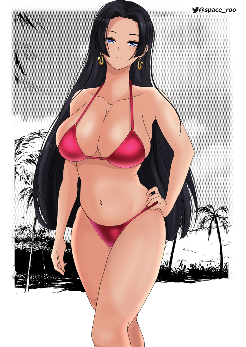 1girls bikini black_hair blue_eyes boa_hancock breasts cleavage clothing female female_only light-skinned_female navel one_piece solo solo_female space_roo tagme thick_thighs thighs