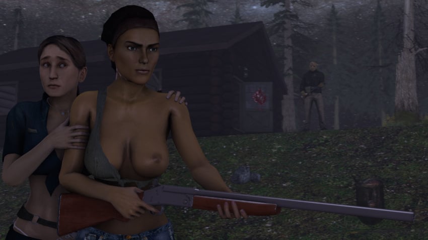 2girls 3d alyx_vance breasts citizen citizen_(half-life_2) female friday_the_13th friday_the_13th:_the_game gun half-life half-life_(series) half-life_2 headhumper jason_voorhees multiple_girls nipples rebel rebel_(half-life_2) tagme valve valve_(company)