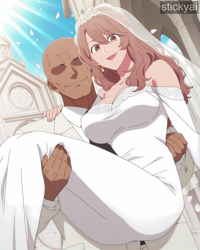 ai_generated anime_style brown_hair carrying dark-skinned_male lifting_person oshi_no_ko princess_carry saitou_miyako stickyai wedding_dress wedding_veil