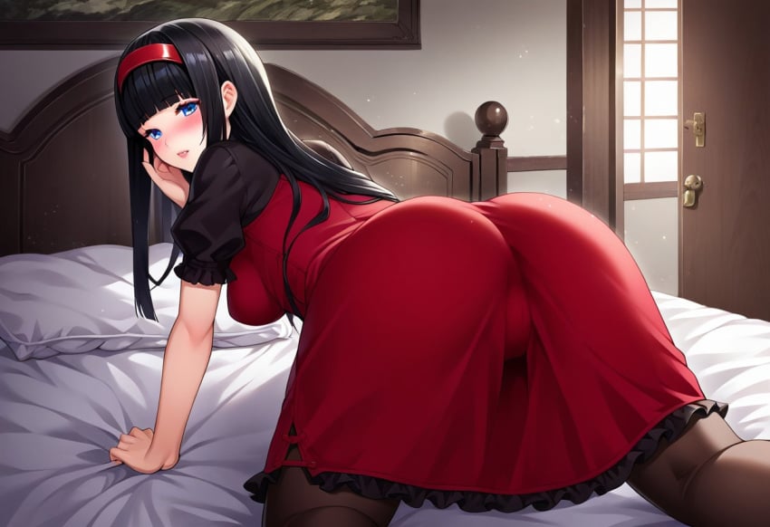 ai_generated ass ass_focus bed black_hair blue_hair butt_focus doggy_style dress dress_inside_ass hair_between_eyes looking_at_viewer looking_back n2 nier:_automata on_back on_bed pale-skinned_female pale_skin pantyhose red_dress