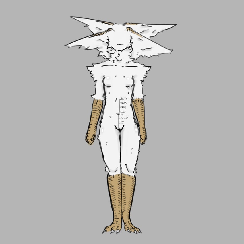 anthro belly belly_button bird bird_girl body_writing escale feathered_wings feathers female female_only full_body fur furry harpy harpy_girl harpy_humanoid naked naked_female navel neck_tuft no_humans nude nude_female penis_size_chart simple_background simple_shading size_chart small_breasts solo solo_female solo_focus