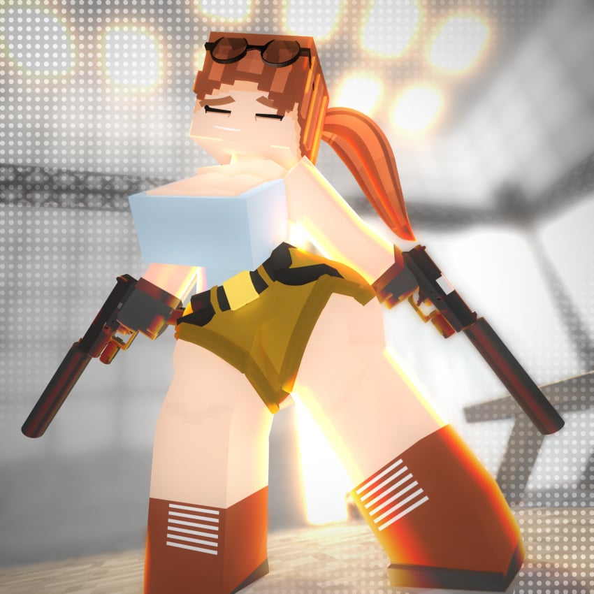 1female 1girls 3d belt boots brown_hair cheyenne_quinn closed_eyes clothed clothed_female clothing cubic_breasts cuteskyler glasses guns huge_breasts lara_croft lara_croft_(classic) lara_croft_(cosplay) mine-imator minecraft pants ponytail solo solo_female