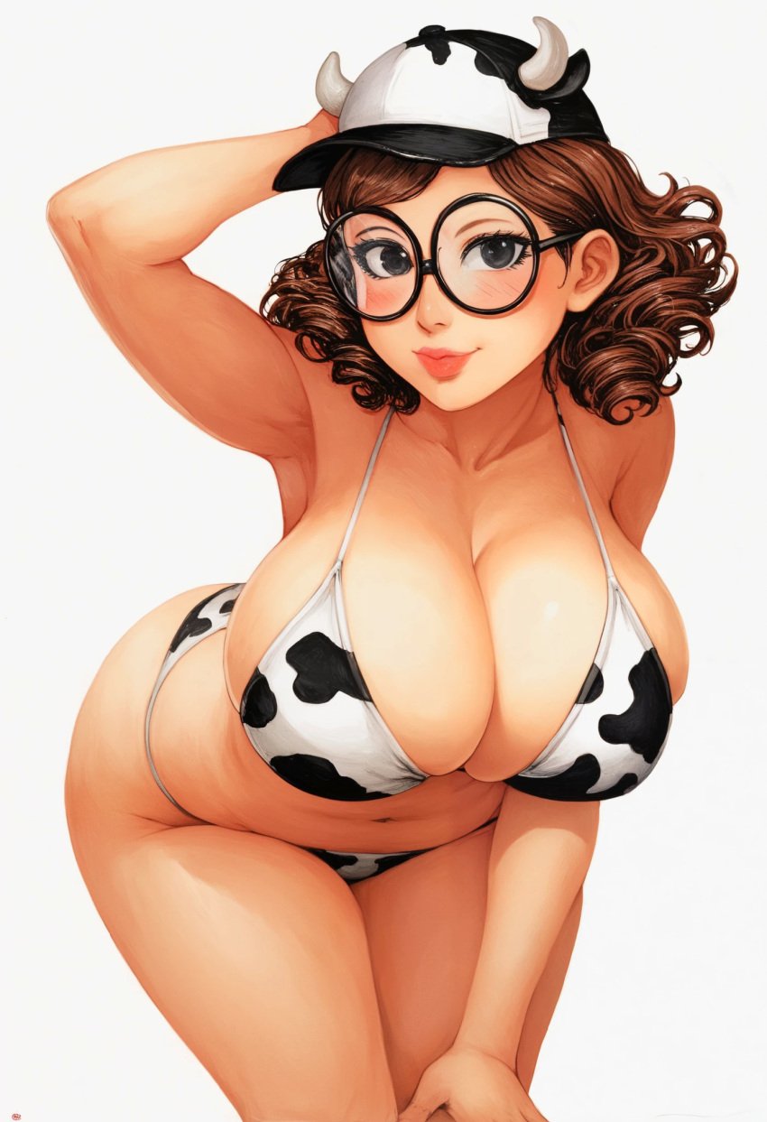 1girls ai_generated arms_behind_back arms_up belly bending_over big_eyes bikini cap cow_horns cow_print hand_on_head huge_ass huge_breasts light-skinned_female light_skin lipstick looking_at_viewer original simple_background smile smiling smiling_at_viewer solo thick_ass thick_hips thick_legs thick_thighs wide_hips